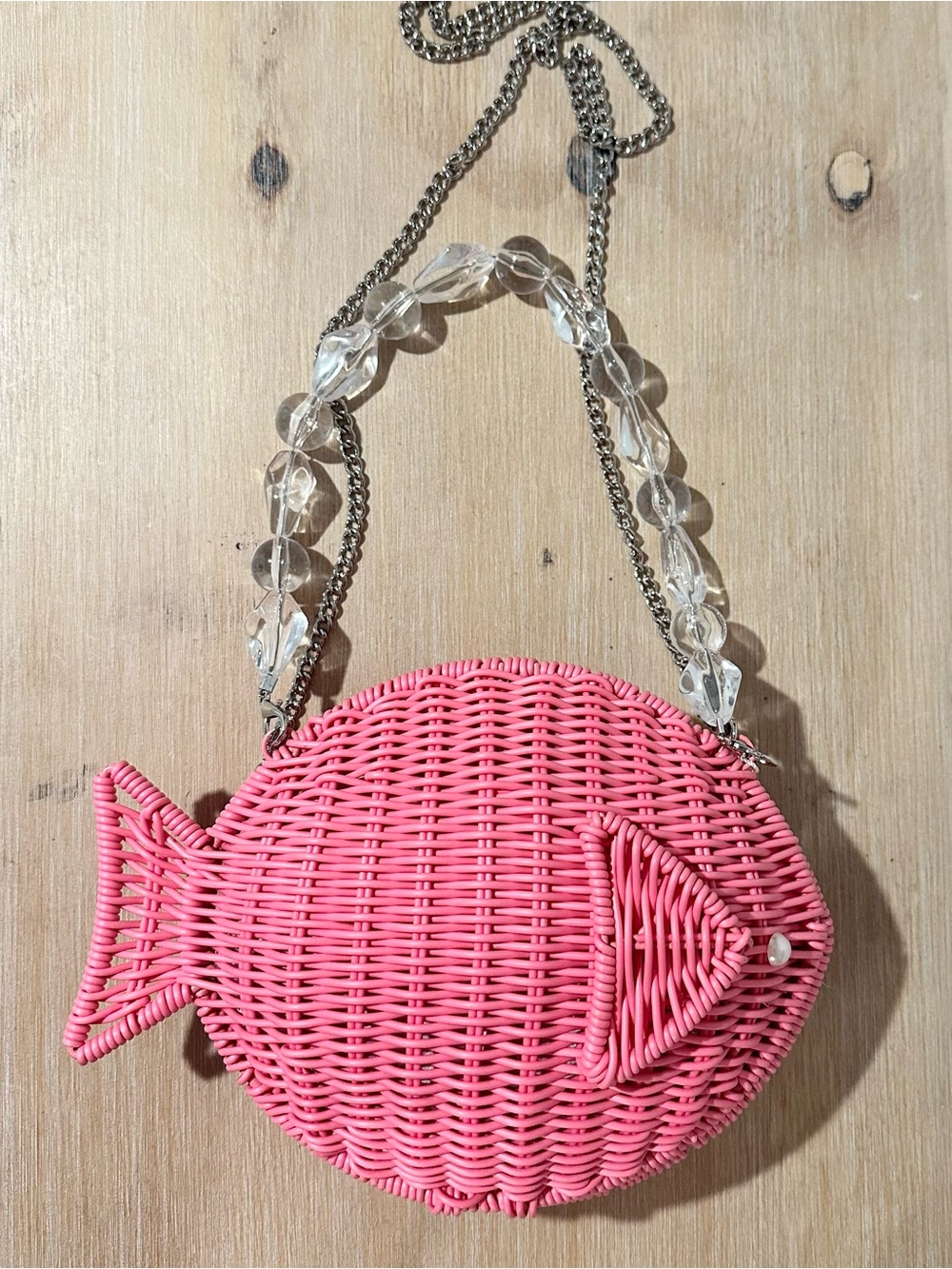 Tommy Bahama Pink Woven Wicker Pink Fish Crossbody Purse Clear Bead Bag NWT